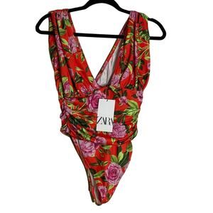 Zara Floral V- Neck Draped Bodysuit Blogger Fave Orange Pink Size S